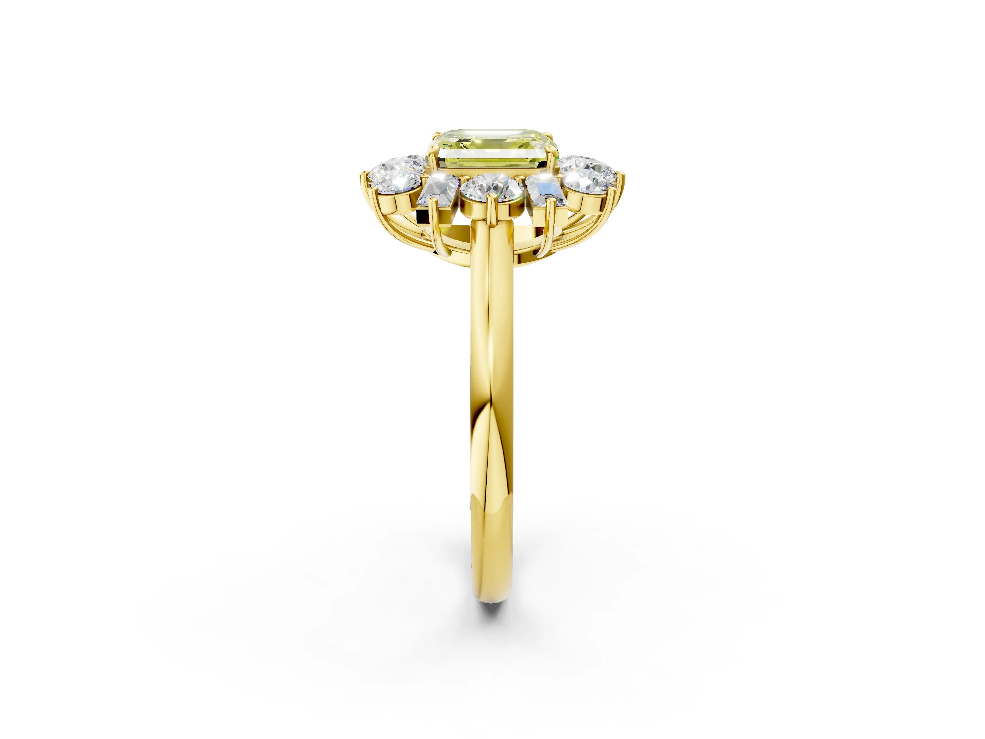 Yellow gold Fancy Yellow Asscher Cut Diamond Cluster Ring with Round and Baguette Stones, Split Shank Band, Prong Setting_2