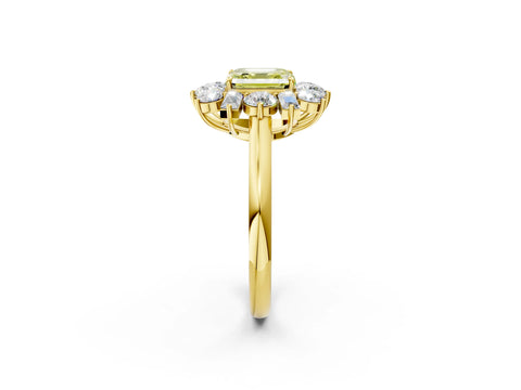 Yellow gold Fancy Yellow Asscher Cut Diamond Cluster Ring with Round and Baguette Stones, Split Shank Band, Prong Setting_2