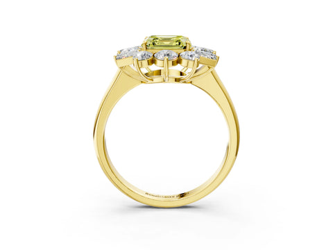 Yellow gold Fancy Yellow Asscher Cut Diamond Cluster Ring with Round and Baguette Stones, Split Shank Band, Prong Setting_3