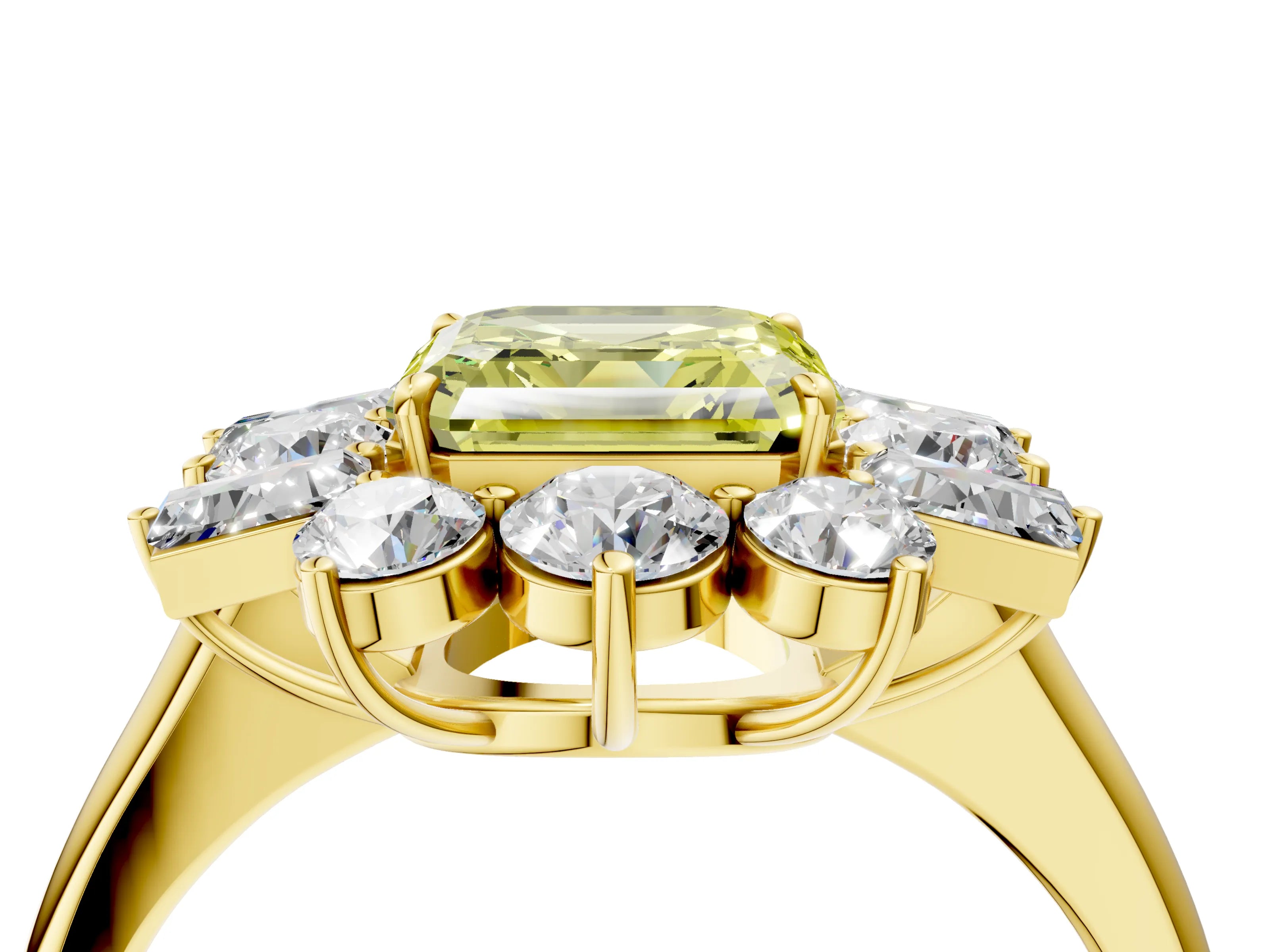 Yellow gold Fancy Yellow Asscher Cut Diamond Cluster Ring with Round and Baguette Stones, Split Shank Band, Prong Setting_4
