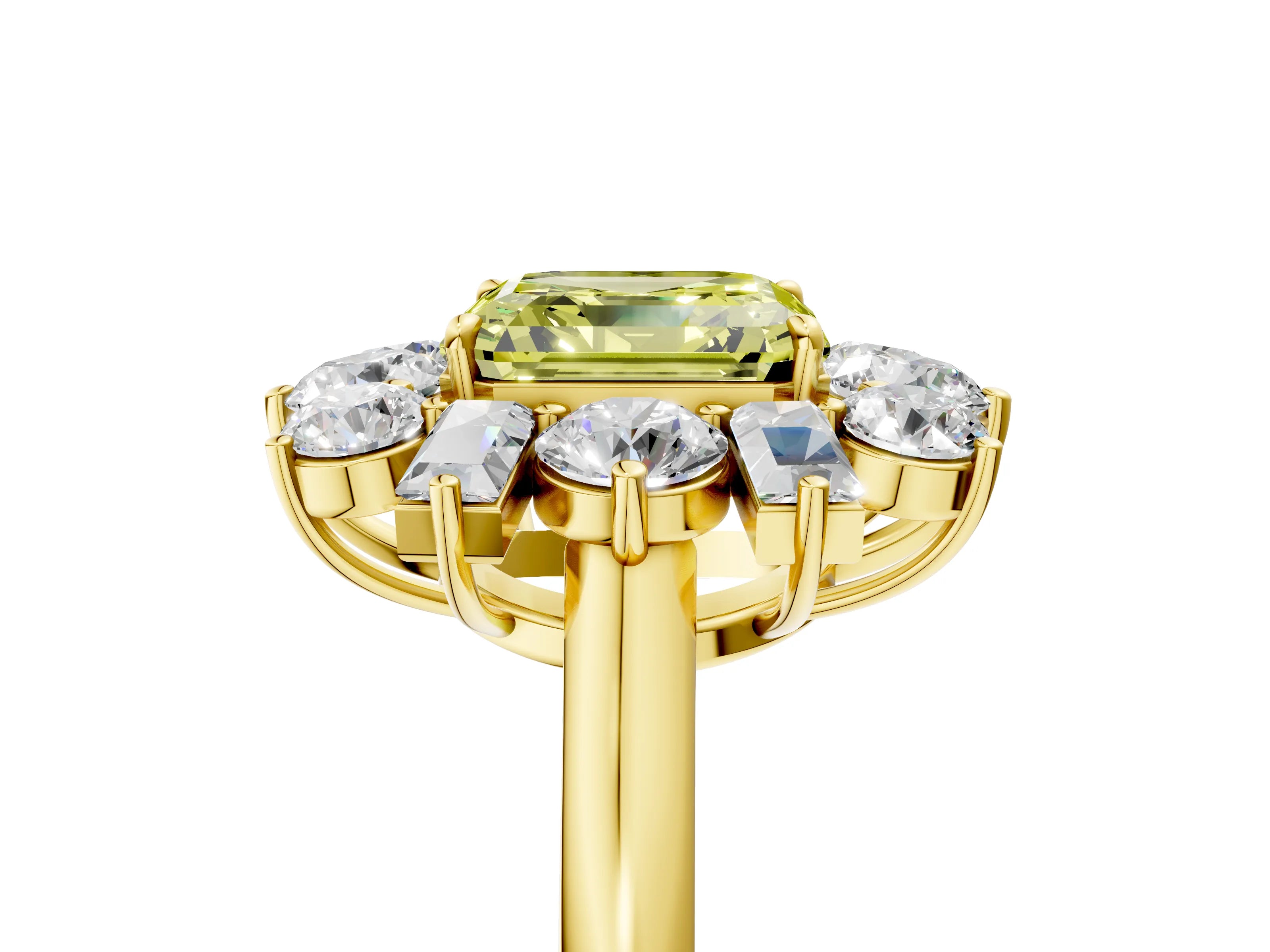 Yellow gold Fancy Yellow Asscher Cut Diamond Cluster Ring with Round and Baguette Stones, Split Shank Band, Prong Setting_5