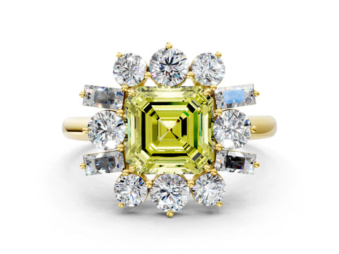 Yellow gold Fancy Yellow Asscher Cut Diamond Cluster Ring with Round and Baguette Stones, Split Shank Band, Prong Setting