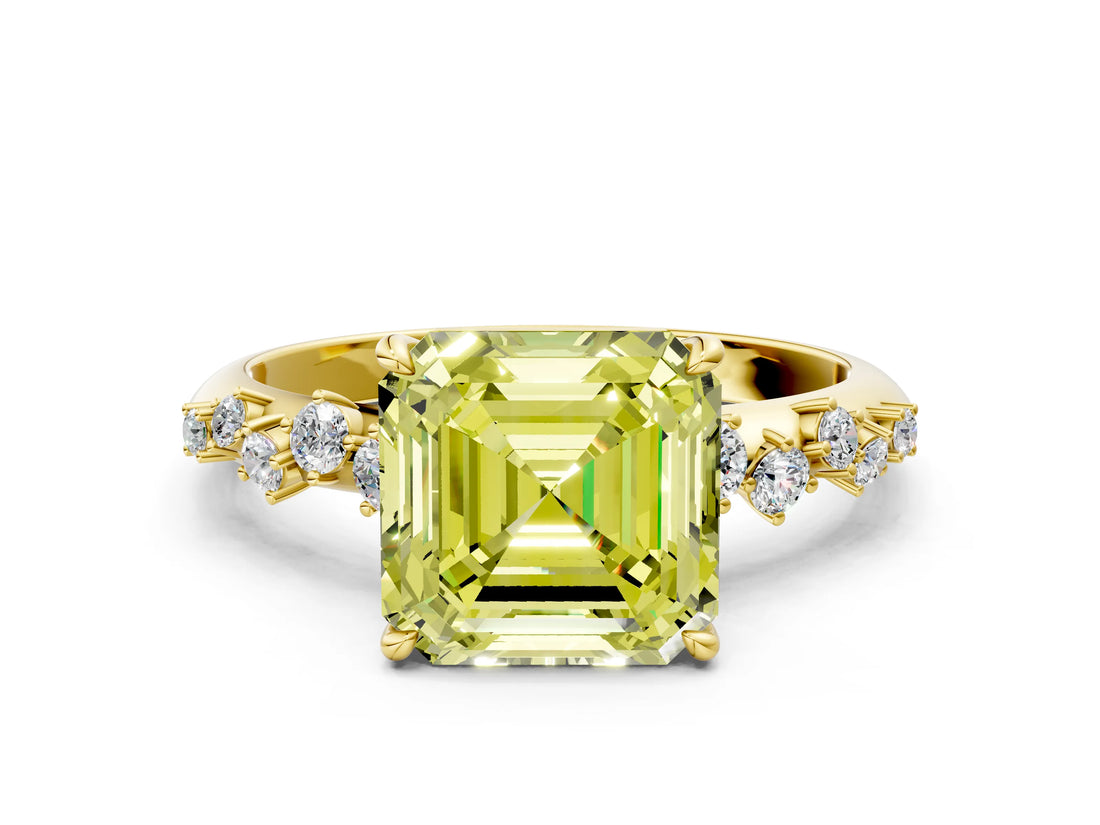 Yellow gold Fancy Yellow Asscher Cut Diamond Cluster Side Stone Solitaire Ring with Prong Setting_75