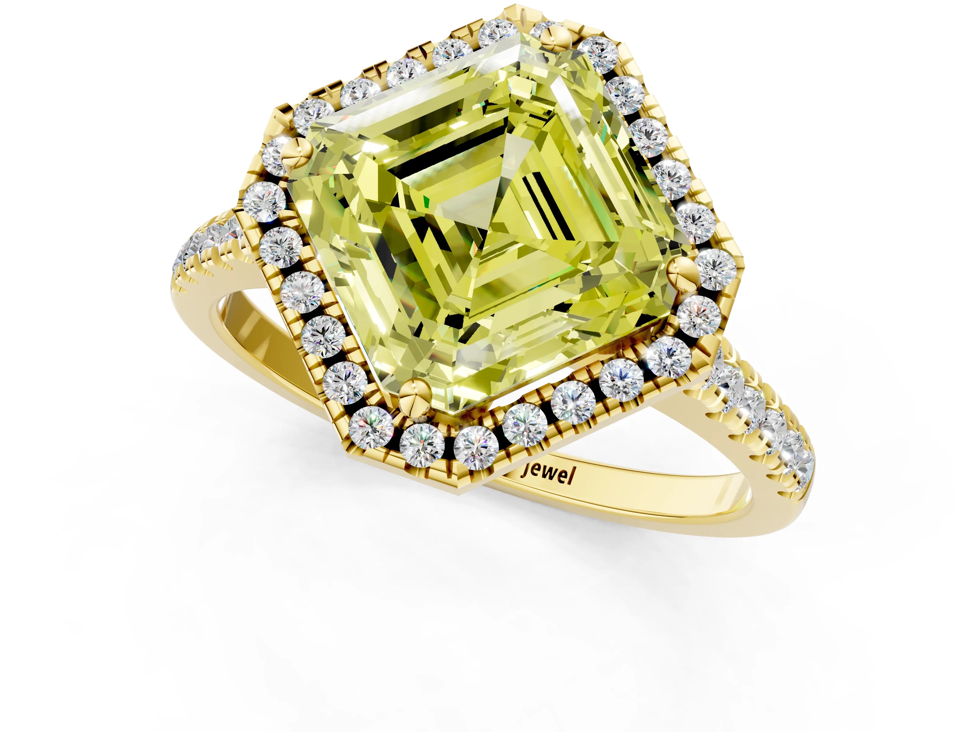 Yellow gold Fancy Yellow Asscher Cut Diamond Cushion Halo Ring with Pavé Band_1