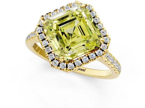 Yellow gold Fancy Yellow Asscher Cut Diamond Cushion Halo Ring with Pavé Band_1