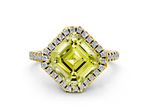 Yellow gold Fancy Yellow Asscher Cut Diamond Cushion Halo Ring with Pavé Band