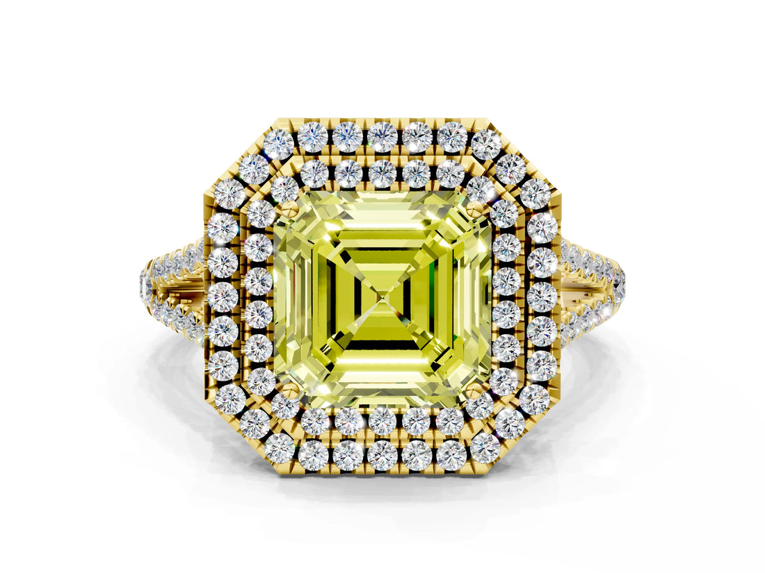 Yellow gold Fancy Yellow Asscher Cut Diamond Double Halo Ring with Pavé Band and Prong Setting_18