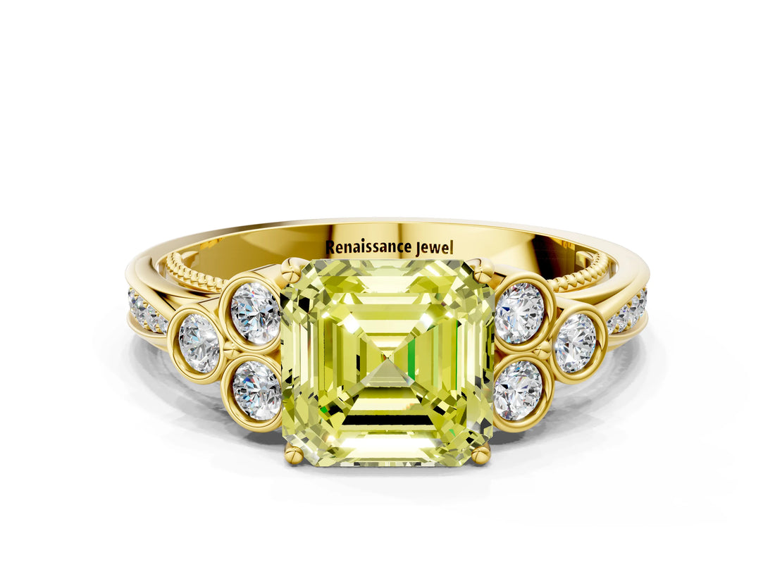 Yellow gold Fancy Yellow Asscher  Cut Diamond Engagement Ring with Bezel Set Round Side Stones and Prong Setting_64