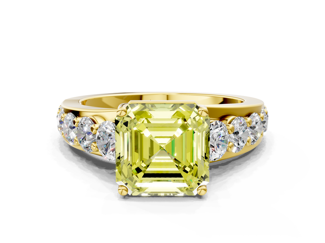 Yellow gold Fancy Yellow Asscher  Cut Diamond Engagement Ring with Pavé Band and Four-Prong Setting_3