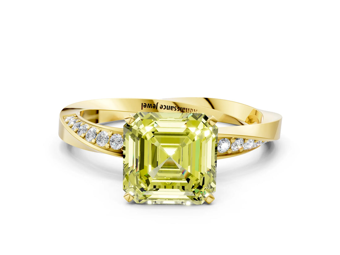 Yellow gold Fancy Yellow Asscher Cut Diamond Engagement Ring with Side Stone Accents and Four-Prong Setting_12
