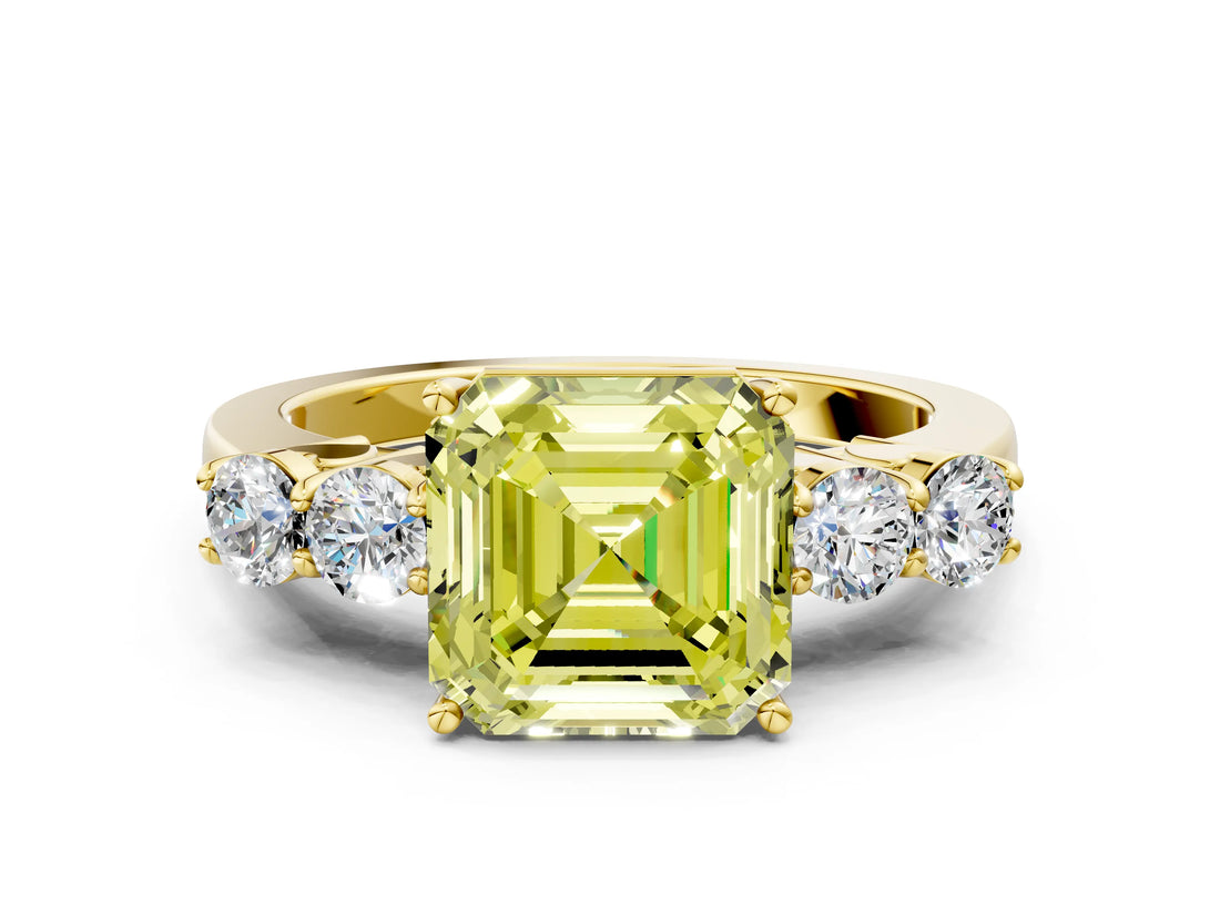 Yellow gold Fancy Yellow Asscher  Cut Diamond Five-Stone Prong Set White Gold Ring_30