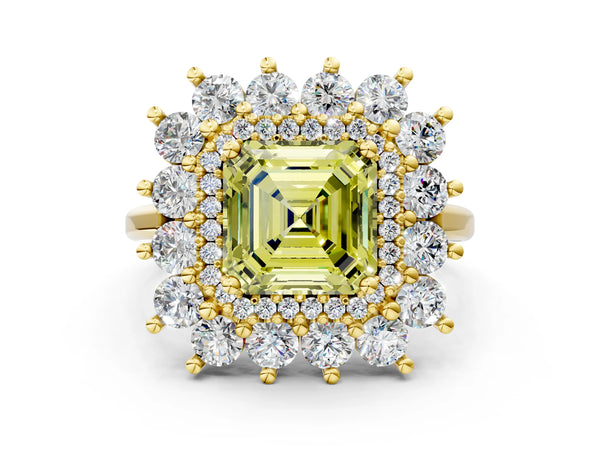 Yellow Gold Asscher Cut Floral Double Halo Engagement Ring Setting for Fancy Yellow Center