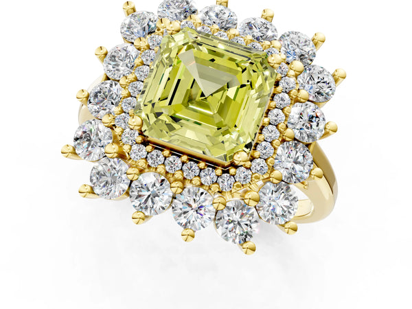 Yellow Gold Asscher Cut Floral Double Halo Engagement Ring Setting for Fancy Yellow Center