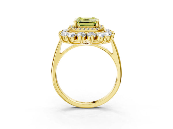 Yellow Gold Asscher Cut Floral Double Halo Engagement Ring Setting for Fancy Yellow Center