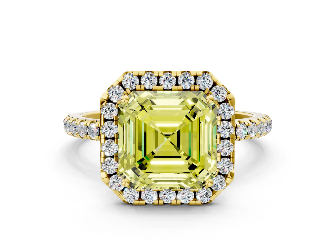 Yellow gold Fancy Yellow Asscher  Cut Diamond Floral Halo Engagement Ring with Pavé Band and Prong Setting_17