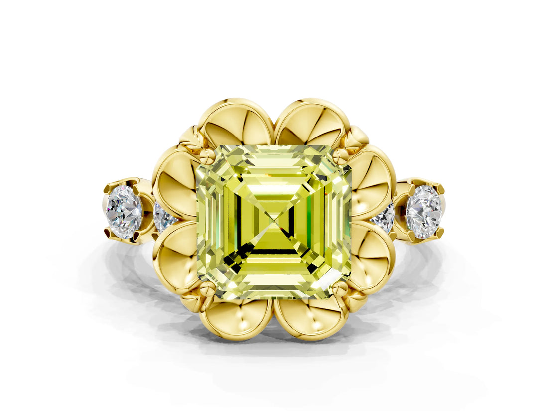 Yellow gold Fancy Yellow Asscher  Cut Diamond Floral Halo Engagement Ring with Shared Prong Setting 1