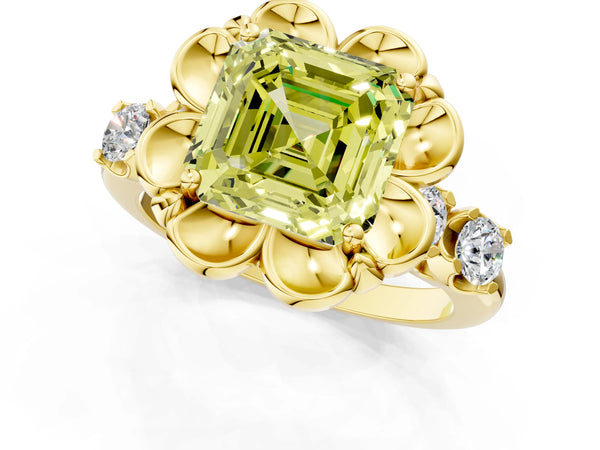 Yellow Gold Asscher Cut Floral Engagement Ring Setting for Fancy Yellow Center with Side Accents