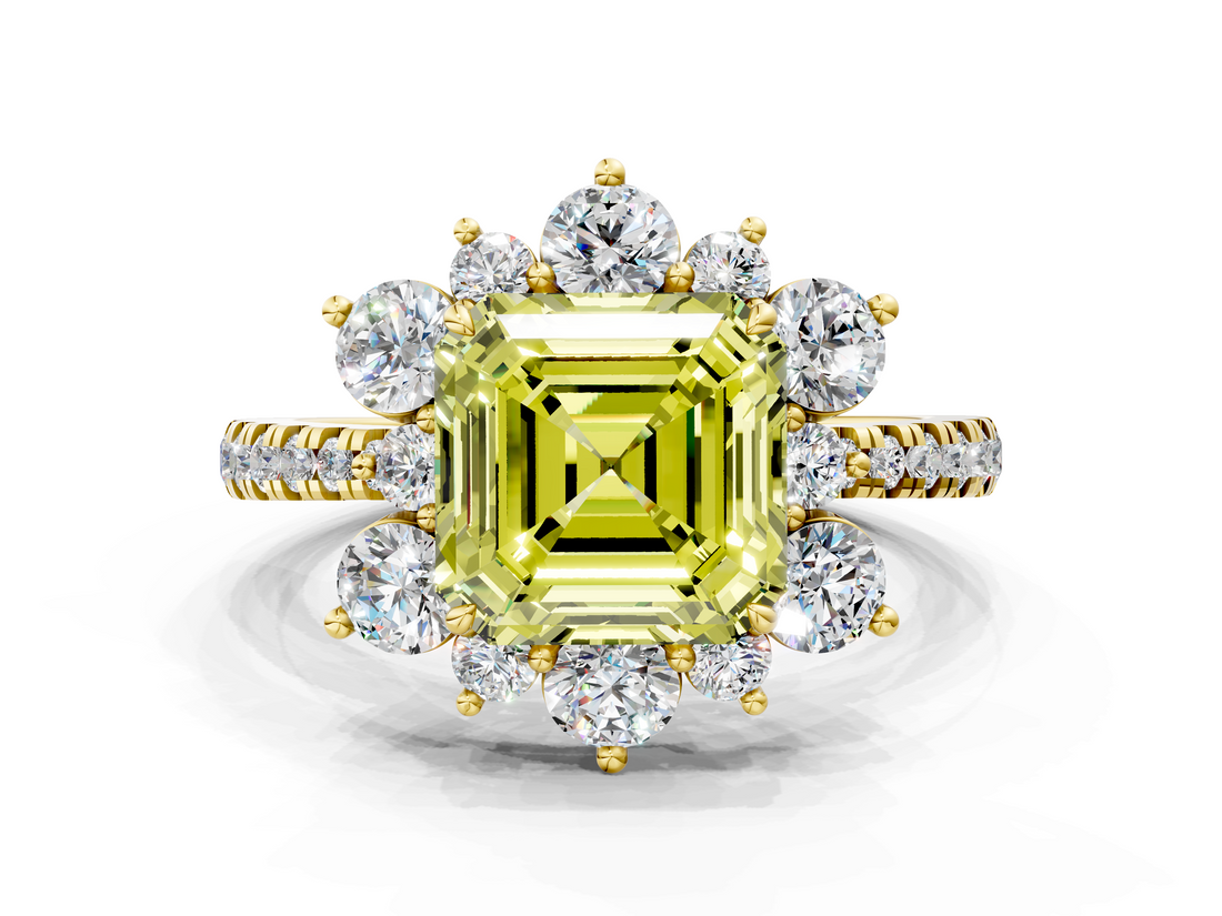 Yellow gold Fancy Yellow Asscher  Cut Diamond Floral Halo Pave Band with Prong Setting