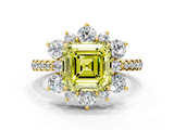 Yellow gold Fancy Yellow Asscher  Cut Diamond Floral Halo Pave Band with Prong Setting
