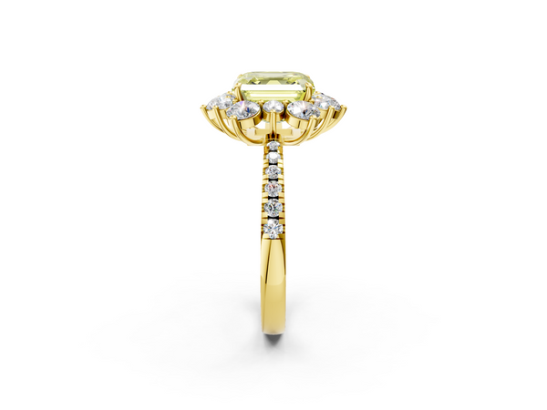 Yellow Gold Asscher Cut Star Floral Halo Engagement Ring Setting for Fancy Yellow Center