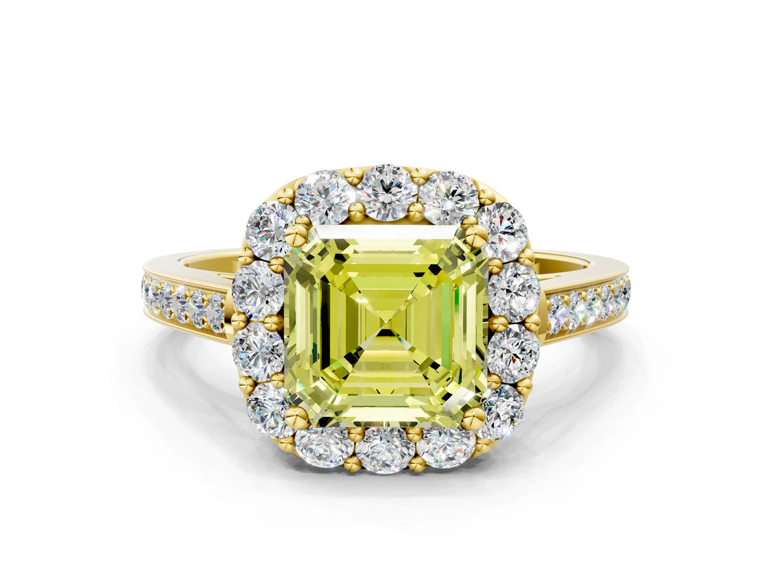 Yellow gold Fancy Yellow Asscher Cut Diamond Floral Halo Ring with Pavé Band and Prong Setting_3