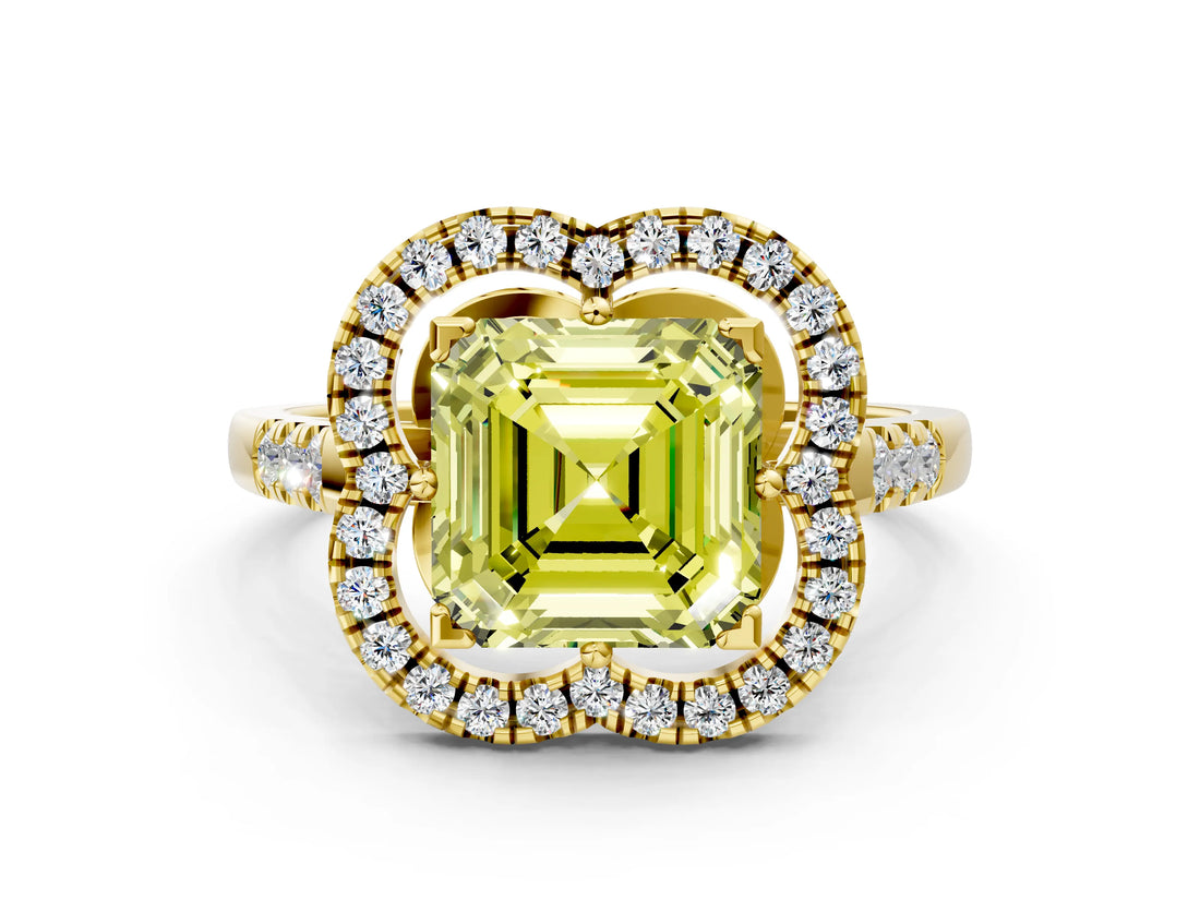 Yellow gold Fancy Yellow Asscher Cut Diamond Floral Halo Split Shank Prong Setting Ring_12
