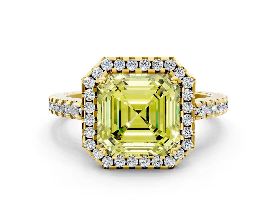 Yellow gold Fancy Yellow Asscher Cut Diamond Halo Engagement Ring with Pavé Band and Prong Setting_27