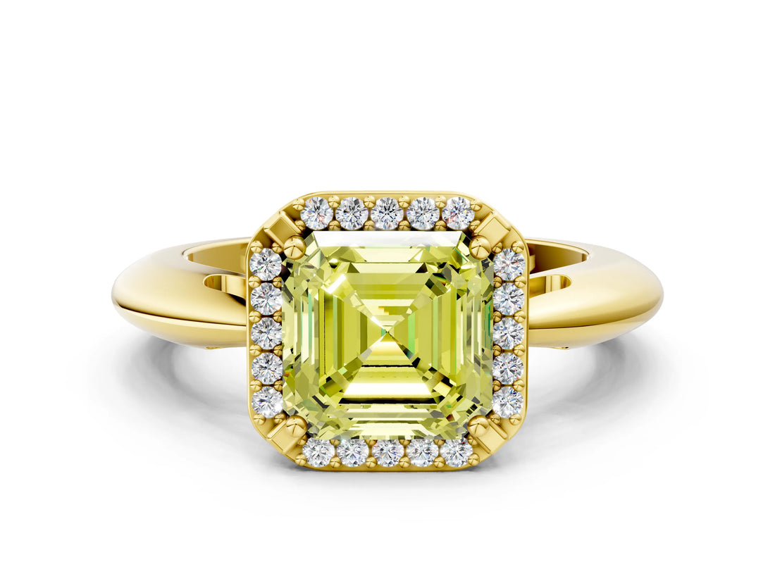 Yellow gold Fancy Yellow Asscher  Cut Diamond Halo Engagement Ring with Split Shank and Four-Prong Setting_46