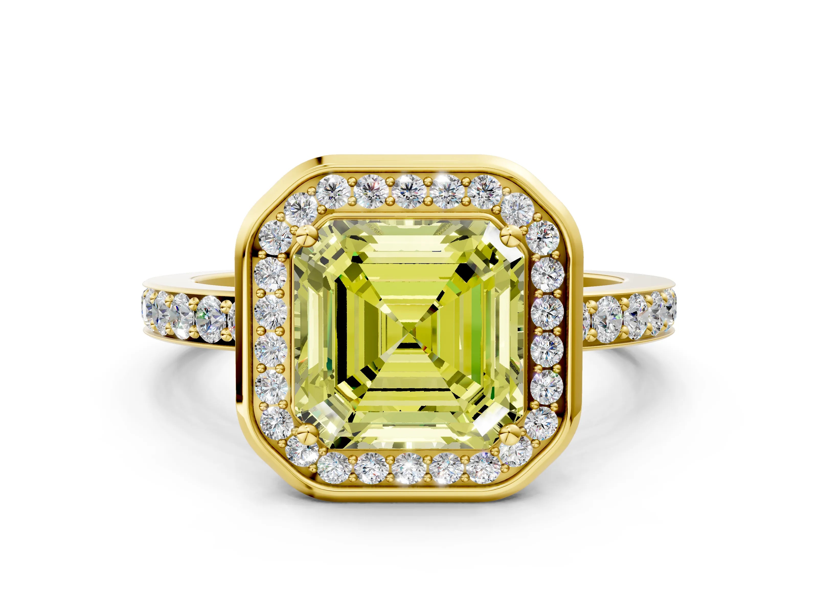 Yellow gold Fancy Yellow Asscher Cut Diamond Halo Ring with Bezel Frame and Pavé Band