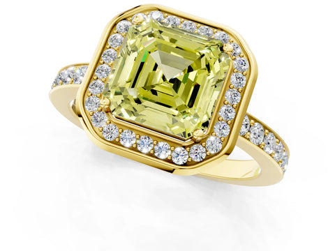 Yellow gold Fancy Yellow Asscher Cut Diamond Halo Ring with Bezel Frame and Pavé Band_1