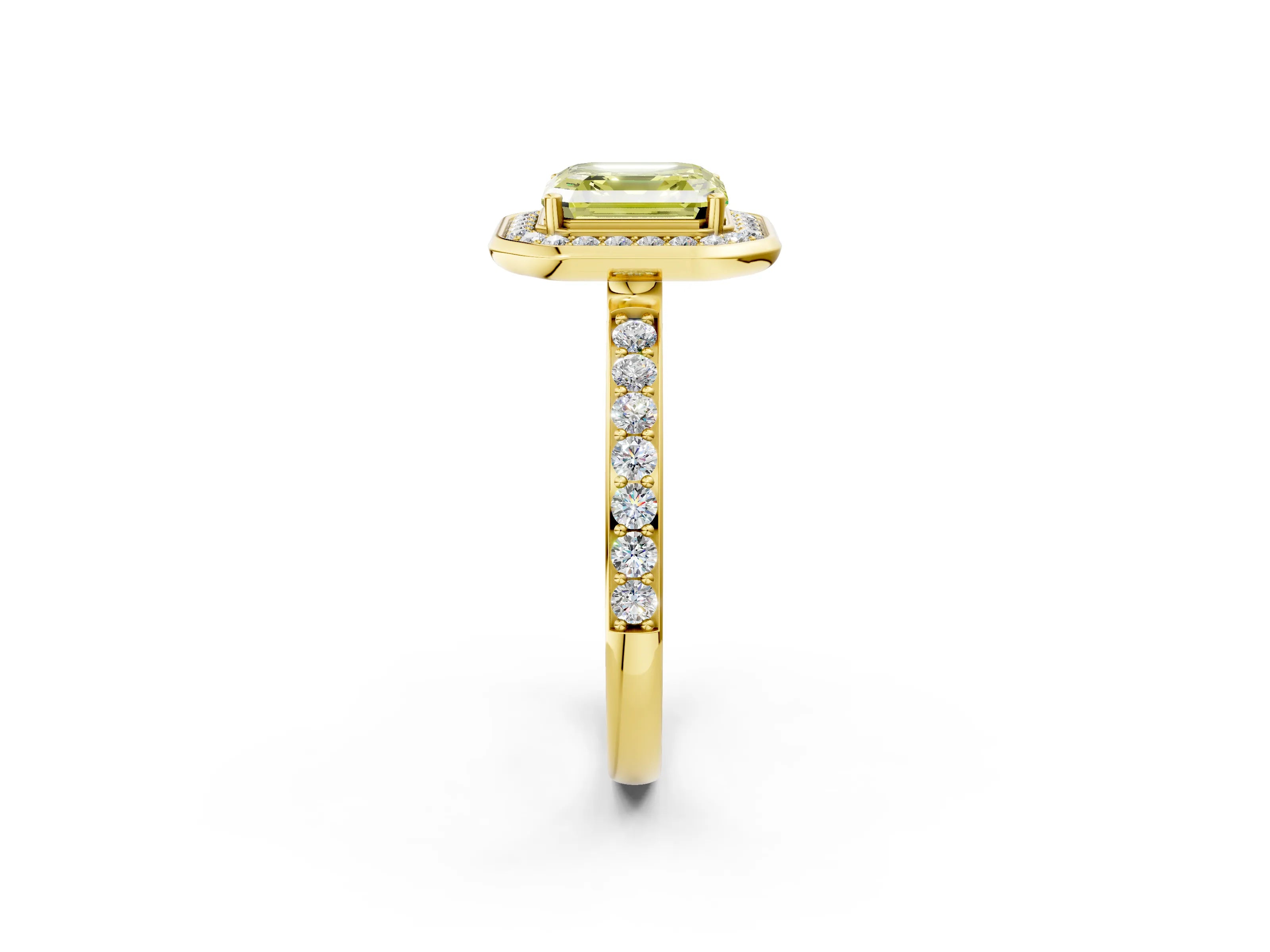 Yellow gold Fancy Yellow Asscher Cut Diamond Halo Ring with Bezel Frame and Pavé Band_2