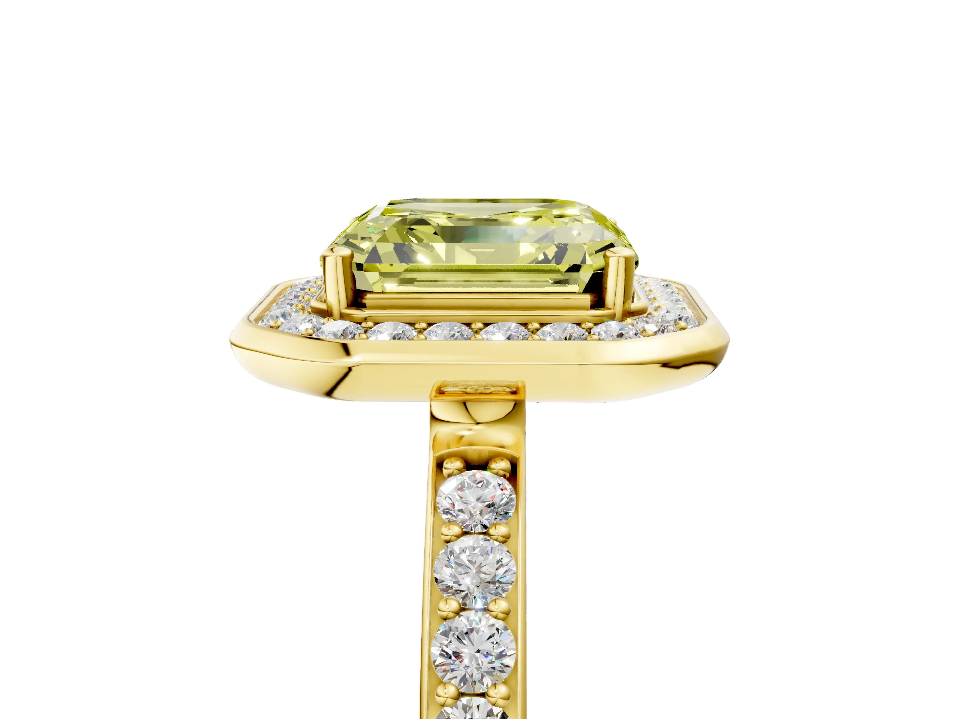 Yellow gold Fancy Yellow Asscher Cut Diamond Halo Ring with Bezel Frame and Pavé Band_5