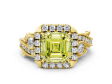 Yellow gold Fancy Yellow Asscher Cut Diamond Halo Ring with Milgrain Pavé Band and Four-Prong Setting_156