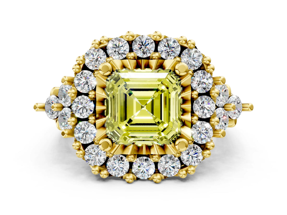 Yellow gold Fancy Yellow Asscher Cut Diamond Halo Ring with Pavé Band and Four-Prong Setting_18