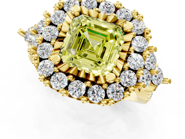 Yellow Gold Asscher Cut Halo Crossover Pave Engagement Ring Setting for Fancy Yellow Center