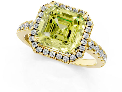 Yellow gold Fancy Yellow Asscher Cut Diamond Halo Ring with Pavé Band and Four-Prong Setting_1