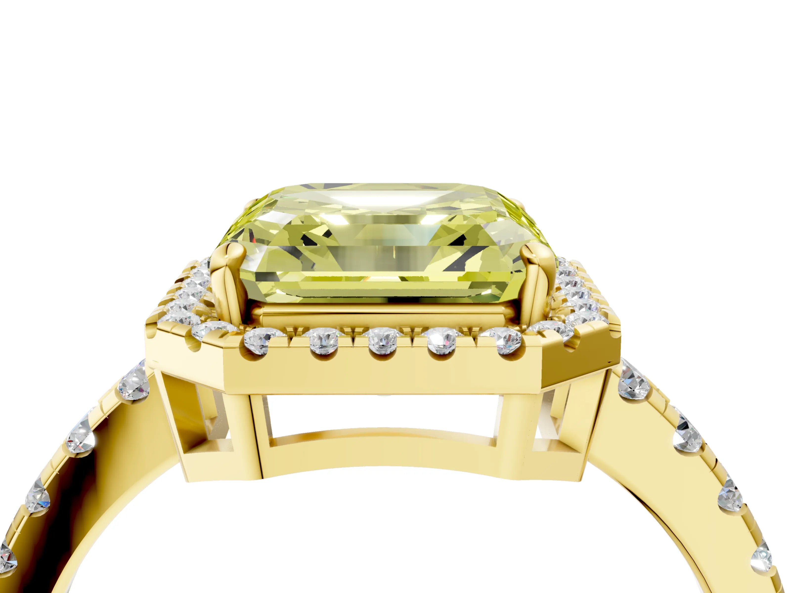 Yellow gold Fancy Yellow Asscher Cut Diamond Halo Ring with Pavé Band and Four-Prong Setting_4
