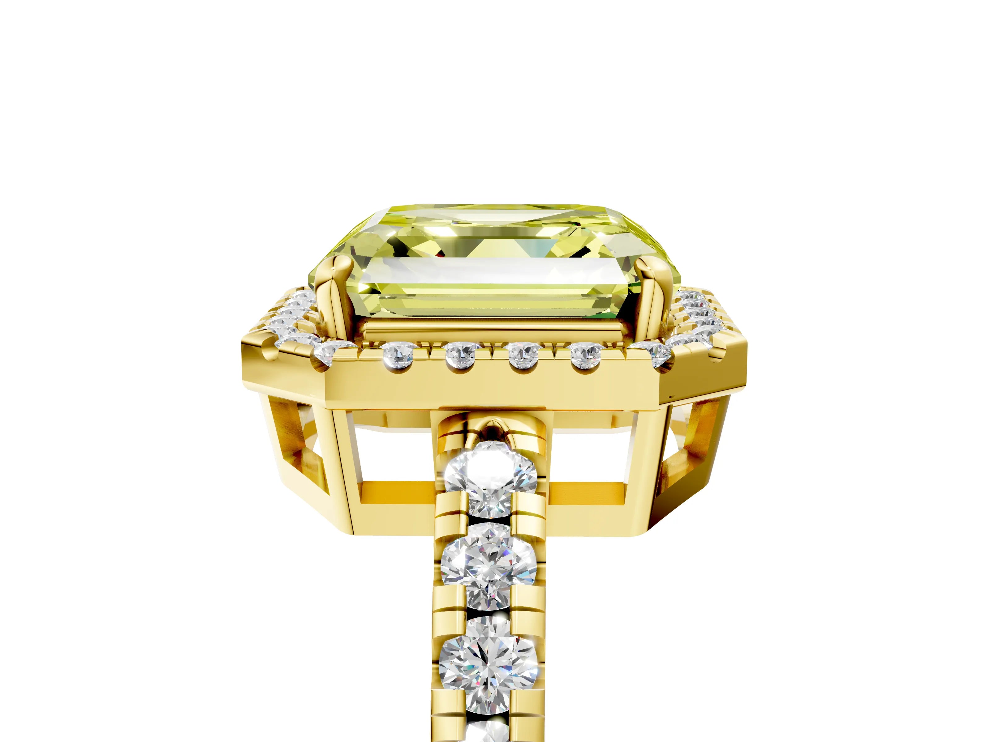 Yellow gold Fancy Yellow Asscher Cut Diamond Halo Ring with Pavé Band and Four-Prong Setting_5