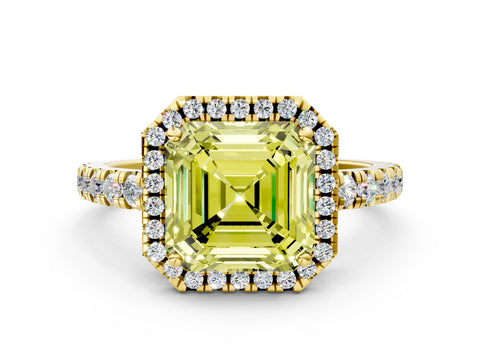 Yellow gold Fancy Yellow Asscher Cut Diamond Halo Ring with Pavé Band and Four-Prong Setting
