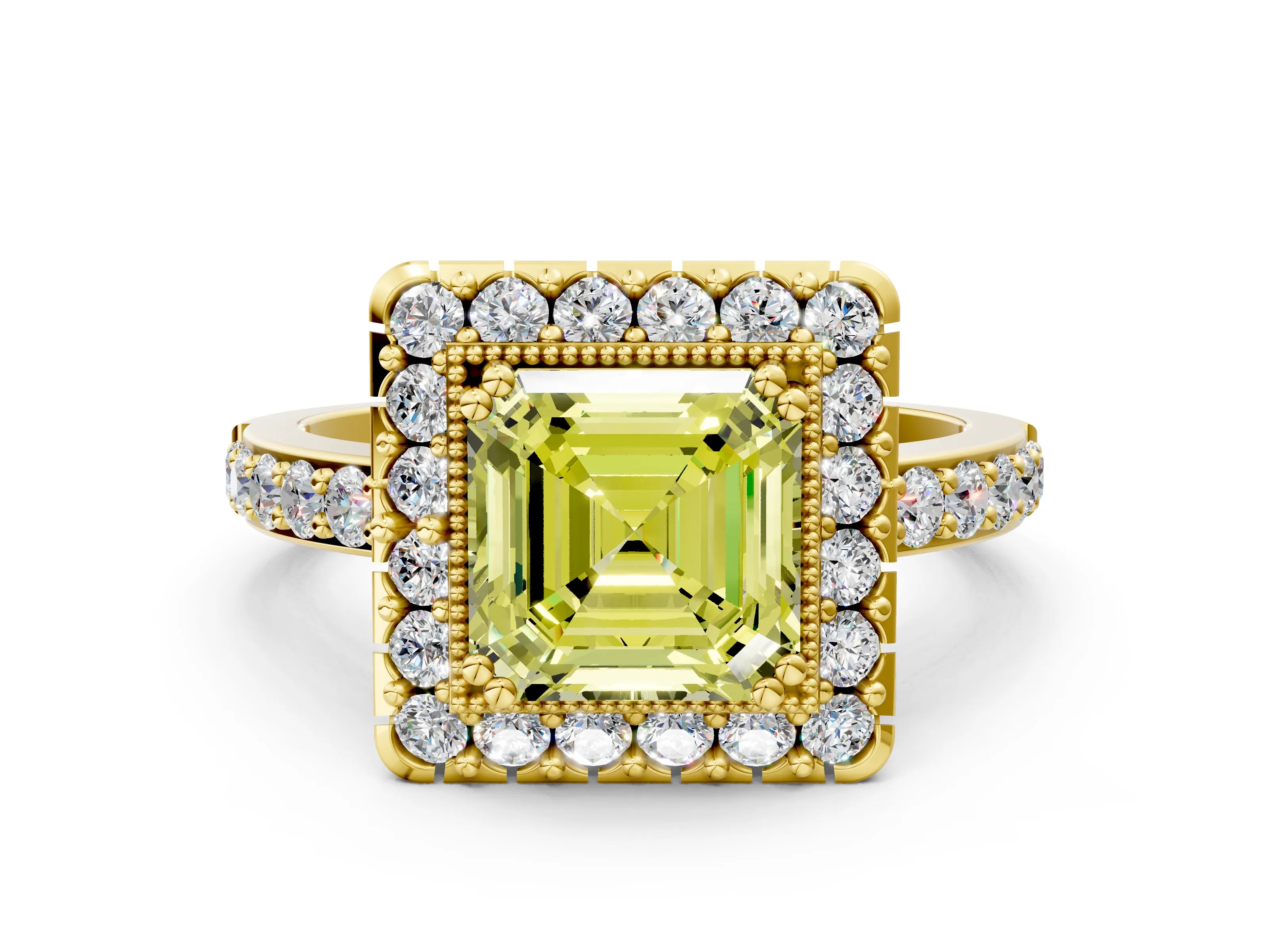 Yellow gold Fancy Yellow Asscher Cut Diamond Halo Ring with Pavé Band and Prong Setting