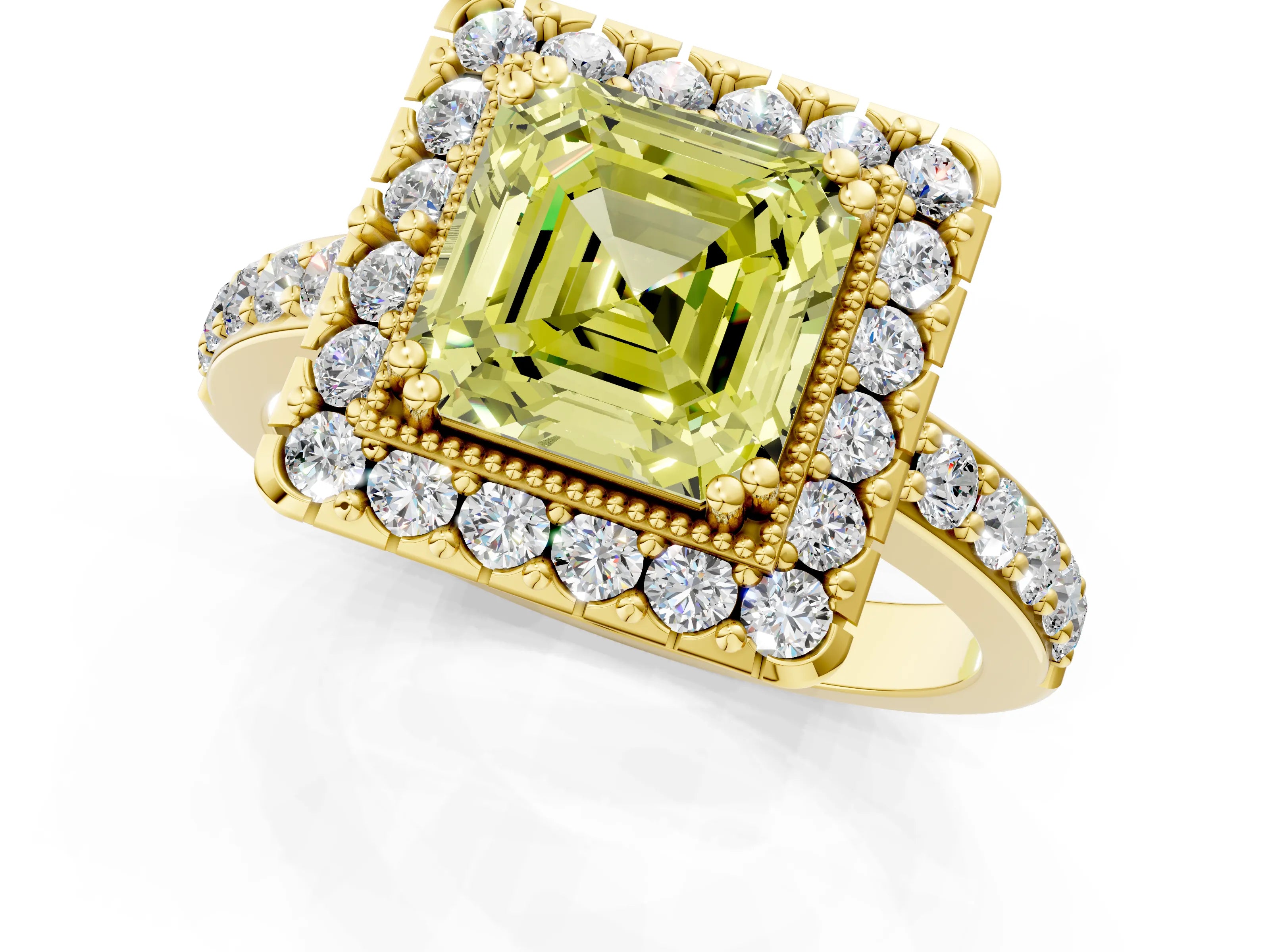 Yellow gold Fancy Yellow Asscher Cut Diamond Halo Ring with Pavé Band and Prong Setting_1