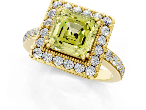 Yellow gold Fancy Yellow Asscher Cut Diamond Halo Ring with Pavé Band and Prong Setting_1