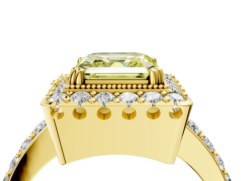 Yellow gold Fancy Yellow Asscher Cut Diamond Halo Ring with Pavé Band and Prong Setting_4