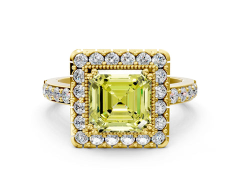 Yellow gold Fancy Yellow Asscher Cut Diamond Halo Ring with Pavé Band and Prong Setting