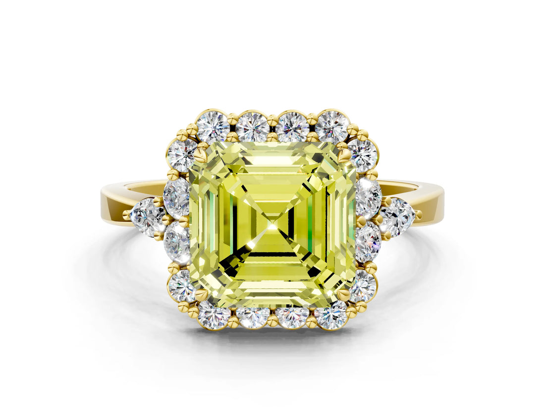 Yellow gold Fancy Yellow Asscher Cut Diamond Halo Ring with Pear Side Stones and Prong Setting_39