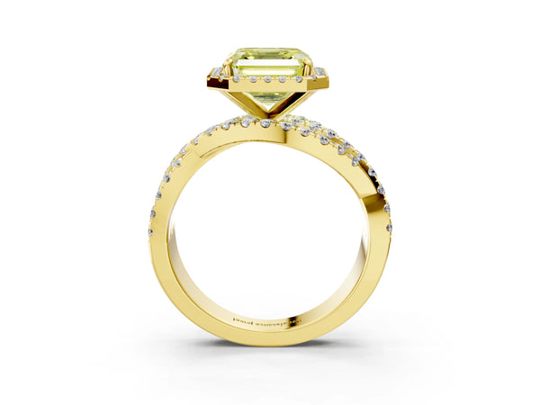 Yellow Gold Asscher Cut Halo Twist Engagement Ring Setting for Fancy Yellow Center
