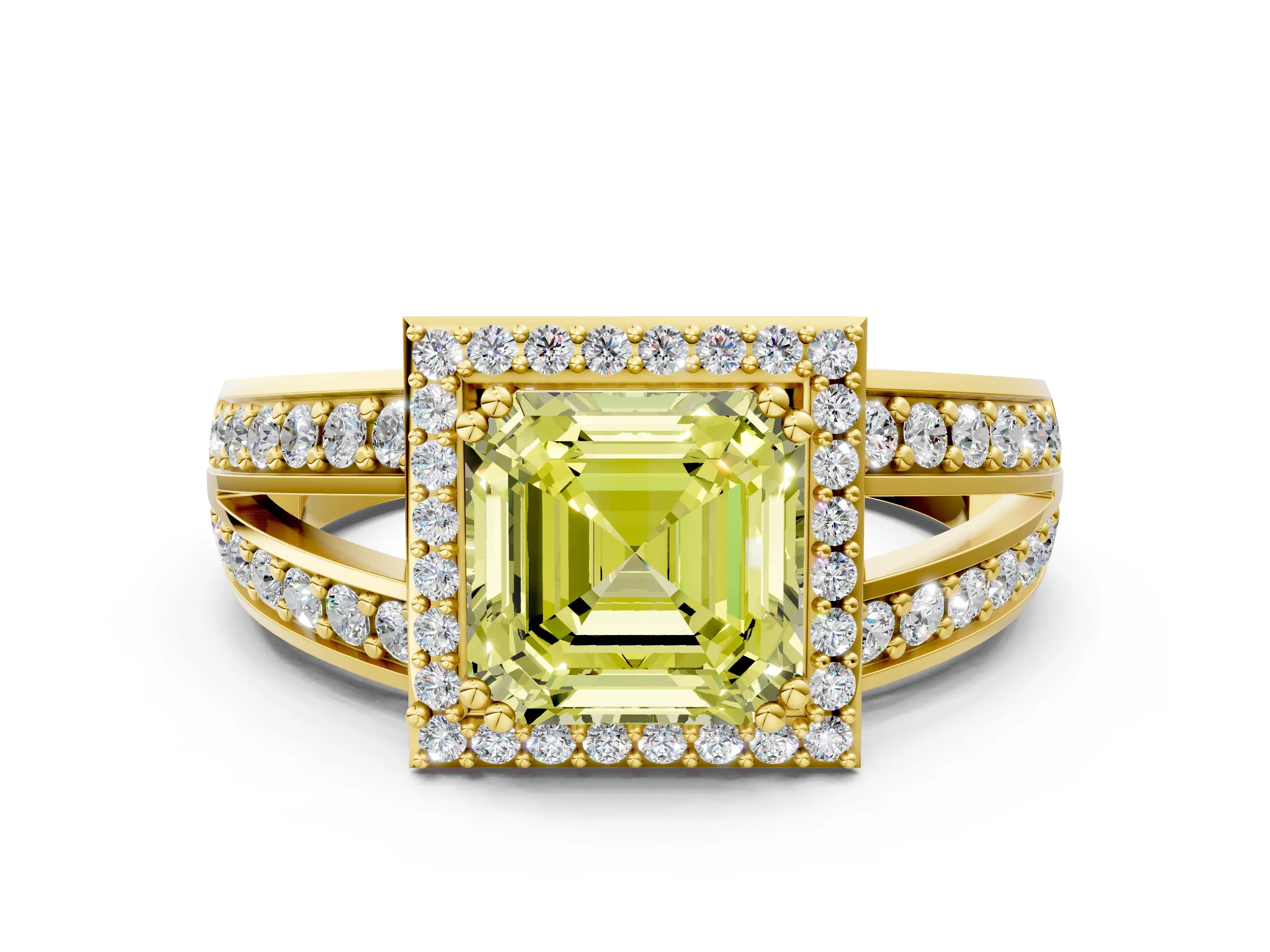 Yellow gold Fancy Yellow Asscher Cut Diamond Halo Ring with Split Shank Pavé Band and Four-Prong Setting