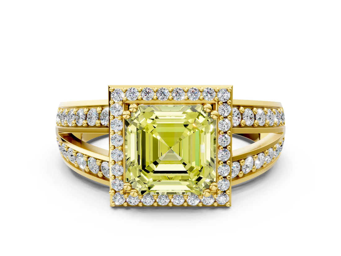 Yellow gold Fancy Yellow Asscher Cut Diamond Halo Ring with Split Shank Pavé Band and Four-Prong Setting