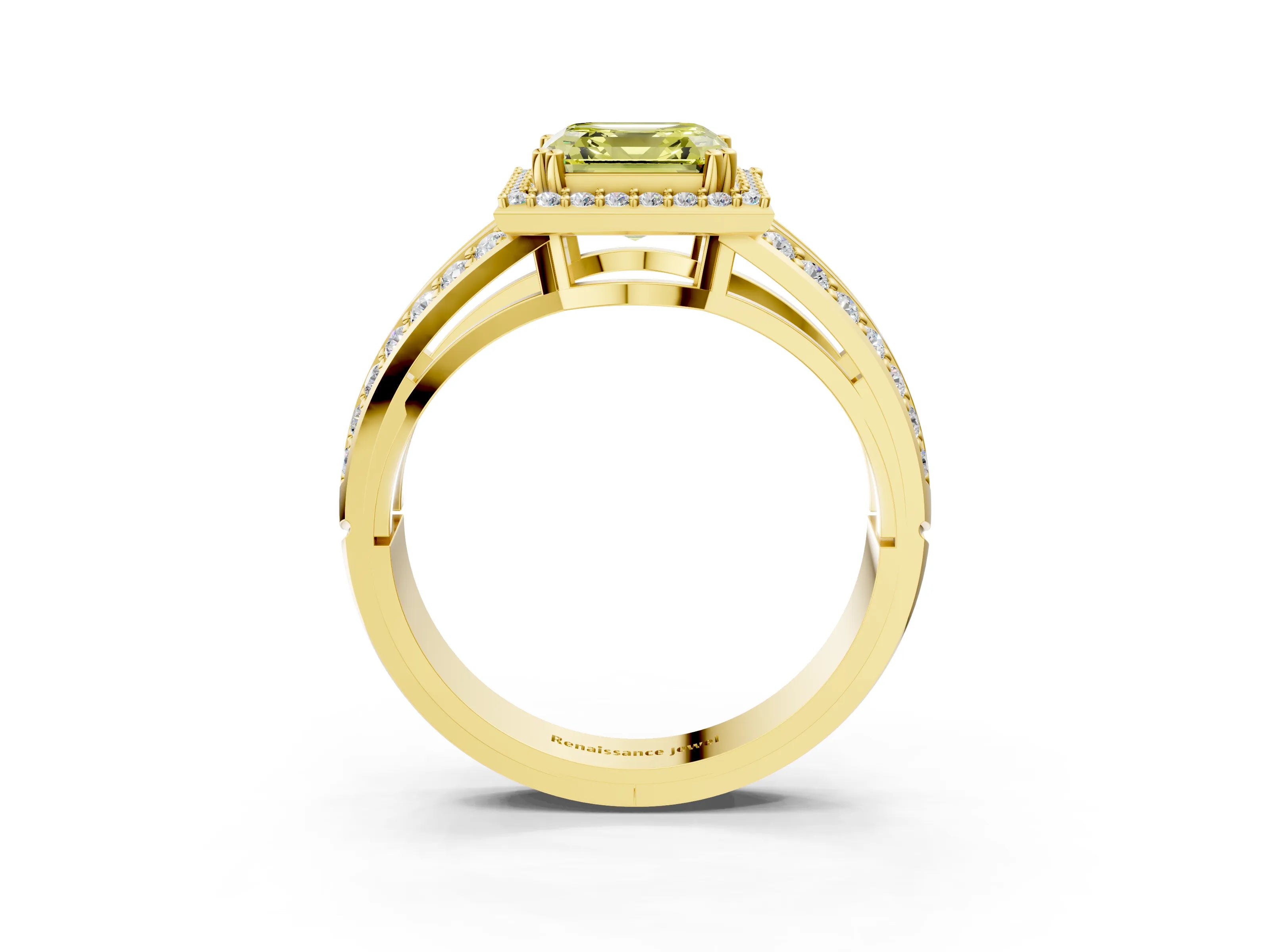 Yellow gold Fancy Yellow Asscher Cut Diamond Halo Ring with Split Shank Pavé Band and Four-Prong Setting_3