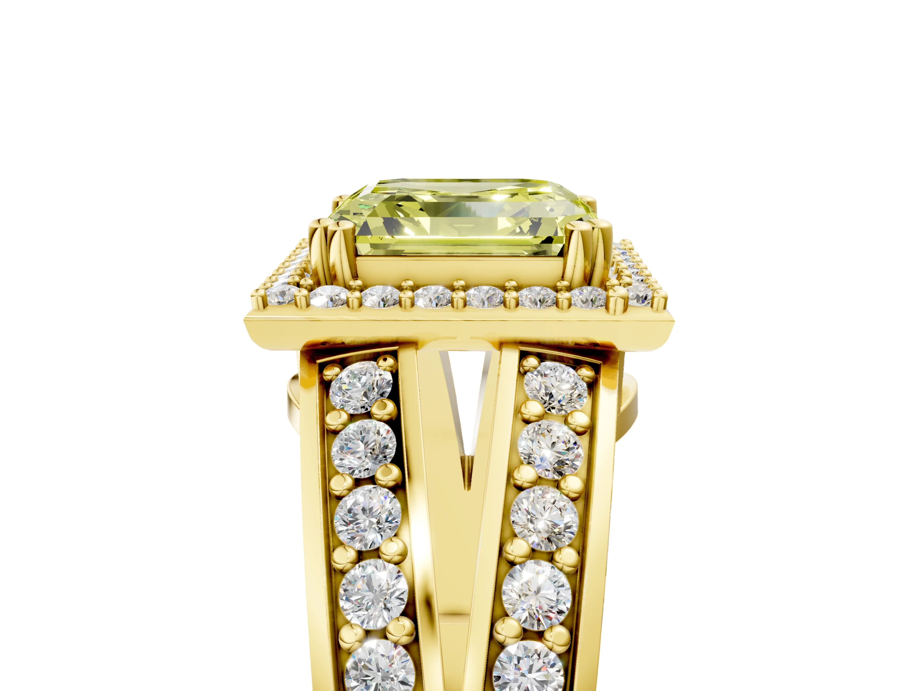 Yellow gold Fancy Yellow Asscher Cut Diamond Halo Ring with Split Shank Pavé Band and Four-Prong Setting_5
